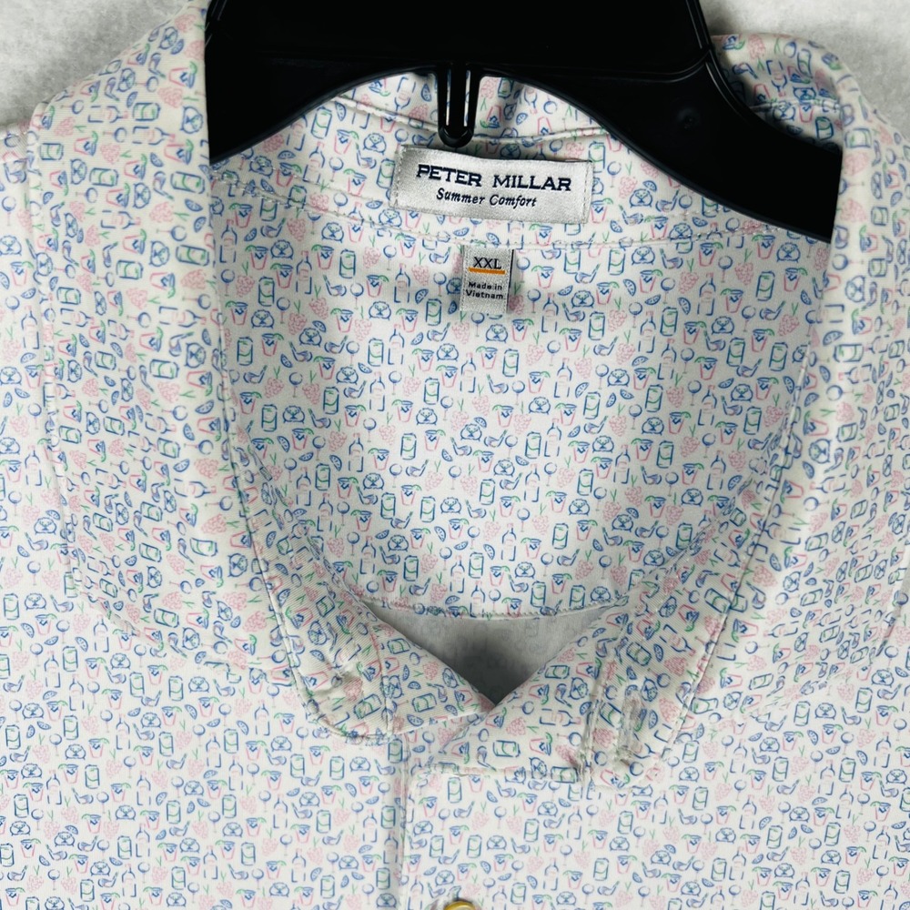 Peter Millar Summer Comfort Mens XXL Polo Shirt White Cocktail Print AOP
